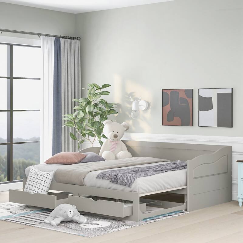 Wooden Daybed with Trundle Bed and Two Storage Drawers
