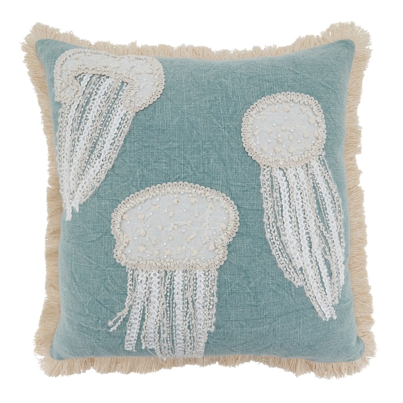 Embroidered Jellyfish Cotton Throw Pillow - Coastal Sea Life Stitch Design for Sofa, Bed & Accent Styling, 18"x18" - Blue-Grey - 18"x18" - Cover Only