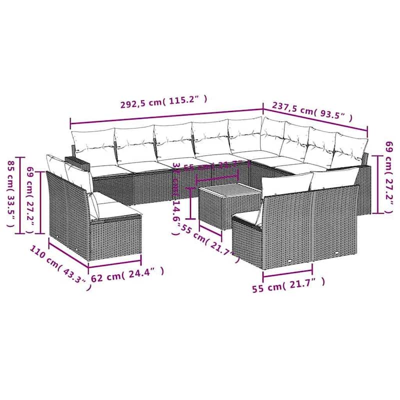 vidaXL Garden Sofa Set Black and Cream - 27.2 x 115.2 x 93.5