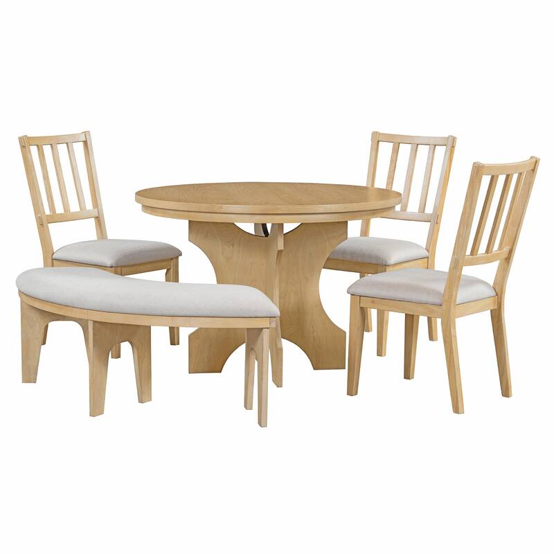 5-Piece Rustic Dining Set with Round Table, 3 Chairs & Bench