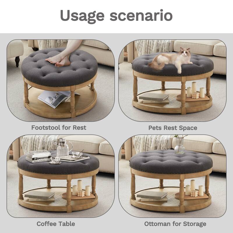 HUIMO 33in Round Upholstered Solid Wood Ottoman Coffee Table with Storage Shelf
