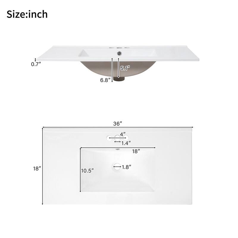36" Bathroom Vanity with Ceramic Sink, Soft-Close Door, Adjustable Shelf & 3 Drawers