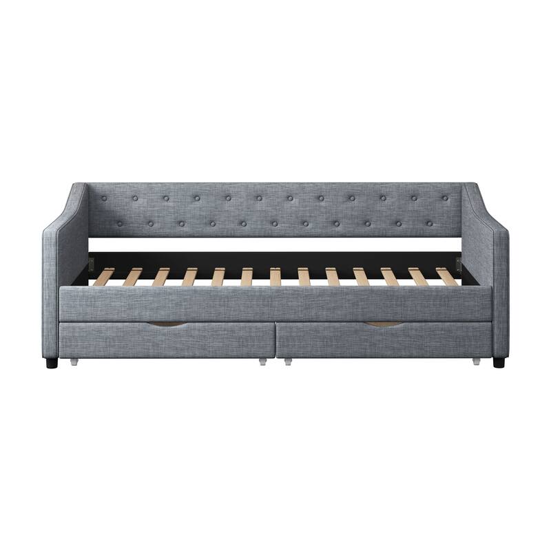 Linen Upholstered Daybed with 2 Drawers, Wooden Platform Sofa Bed Frame with Button Tufted Backrest, No Box Spring Needed