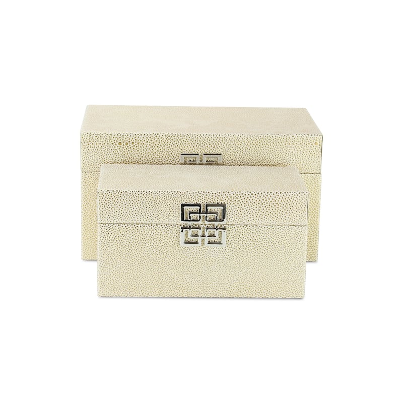 Set of 2 White Gold Rectangular Shagreen Storage Boxes 12"