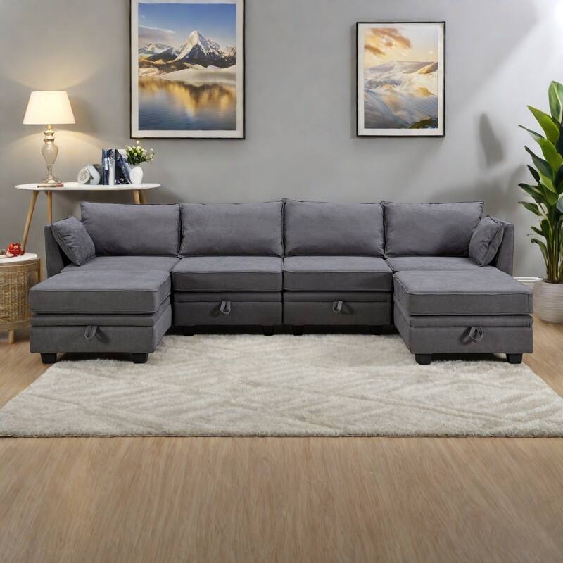 115.1" Linen U-Shape Sectional Sofa with Convertible Sleeper, Storage Seats and Reversible Chaise - DARK GREY