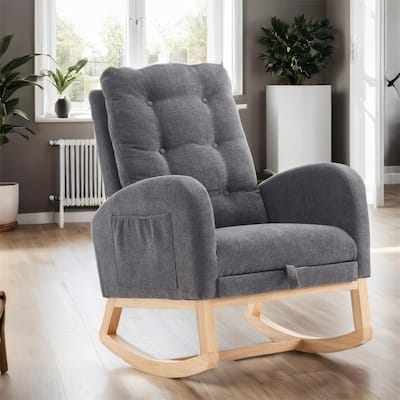 High Back Wood Rocking Chair with Footrest and Side Storage Pocket