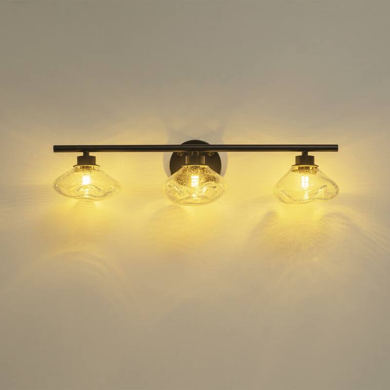 3-Light 24.4" Modern Black/Gold Bathroom Vanity Light with Stone-Shaped Seed Glass Shades