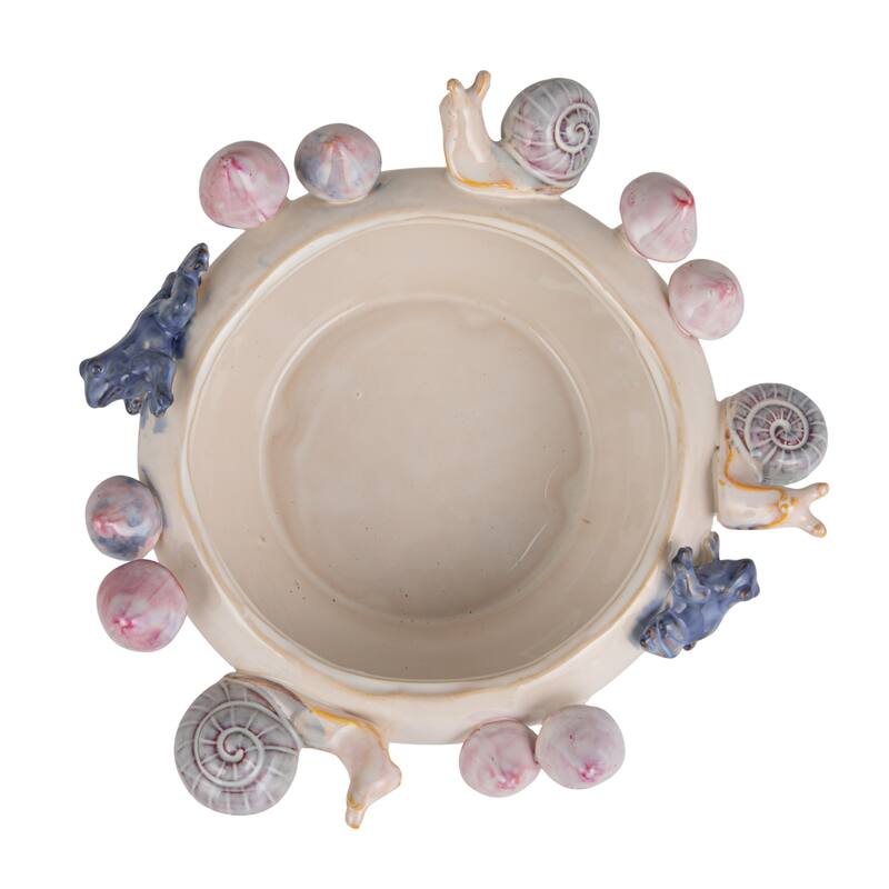 Stoneware Planter with 3D Snails, Mushrooms, and Frogs in Reactive Glaze - 14.0"L x 11.75"W x 5.5"H