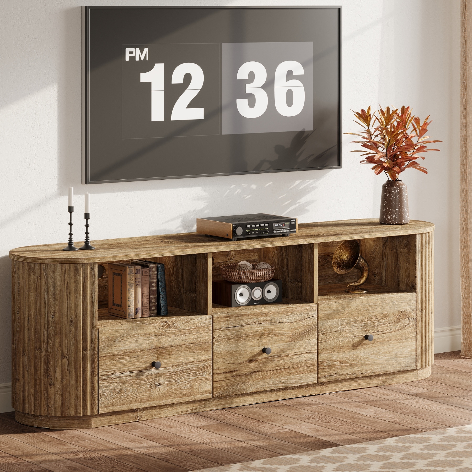 70.8" Wood TV Stand for TVs up to 80 Inch, Farmhouse Entertainment Center with 3 Drawer and Open Storage Shelves