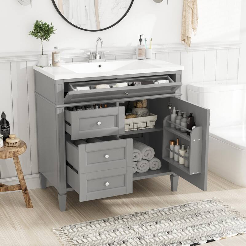 30''/36'' Bathroom Vanity with Top Sink, Modern Bathroom Storage Cabinet with 2 Drawers, a Tip-out Drawer & Adjustable Shelf