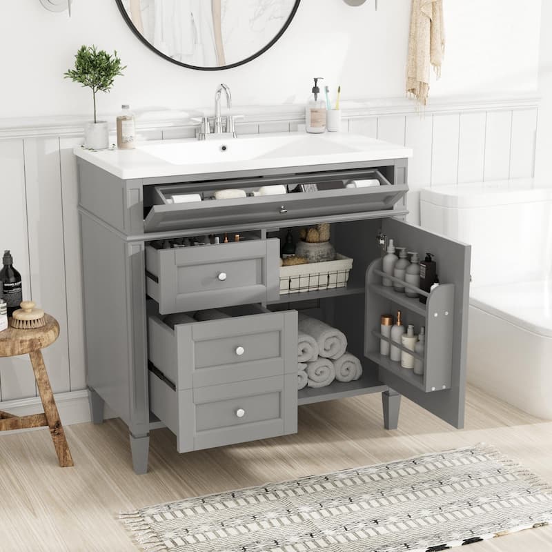 36" Bathroom Vanity with Top-Mount Sink - Modern Cabinet with 2 Drawers + Tip-Out Tray - Complete Single Sink Vanity Set