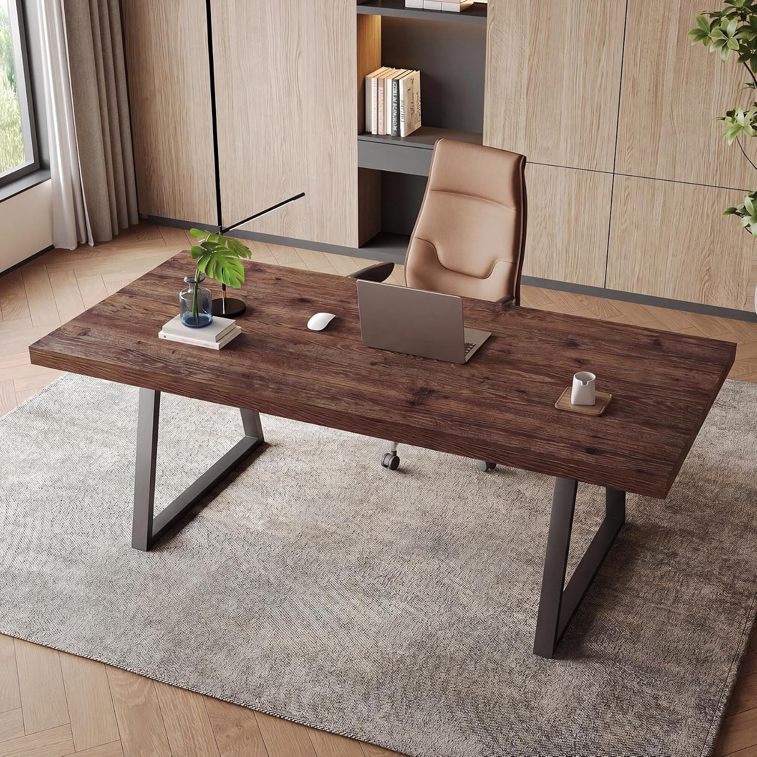 63-Inch Solid Wood Executive Desk, Industrial Office Workstation