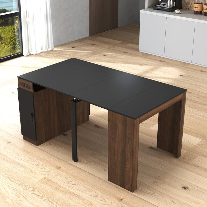 Modern Extendable Dining Table with Outlet & Storage, Space-Saving Expanding Table for Party & Meetings