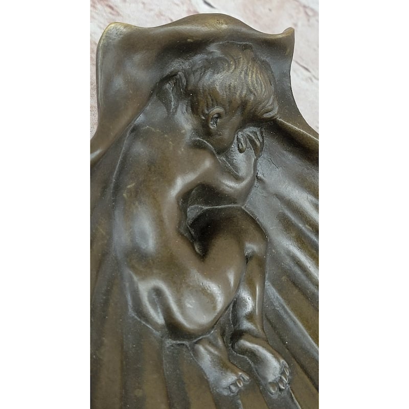 Sleeping Baby Boy In Clam Shell Hot Cast Bronze Soap Dish Ashtray Signed Art
