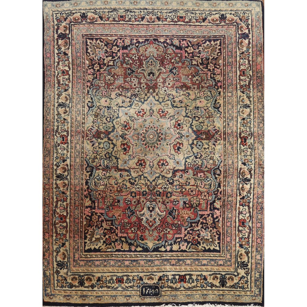 Hand Knotted Oriental 100% Wool Carpet Traditional Medallion Multi-Colored Mashad Area Rug - 5' 4'' X 4' 3''