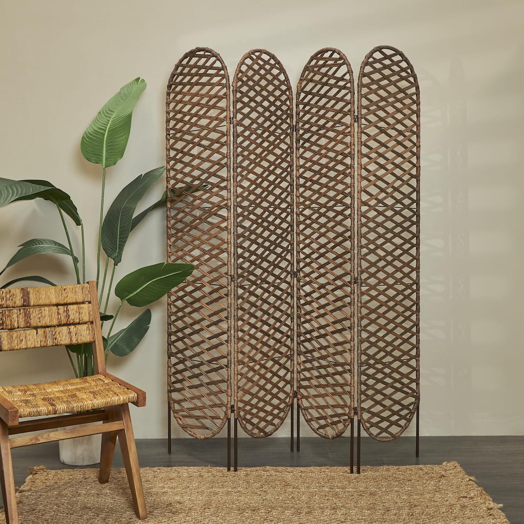 Copper Metal Handmade Foldable Woven 4 Panel Geometric Partition Room Divider Screen with Cutouts