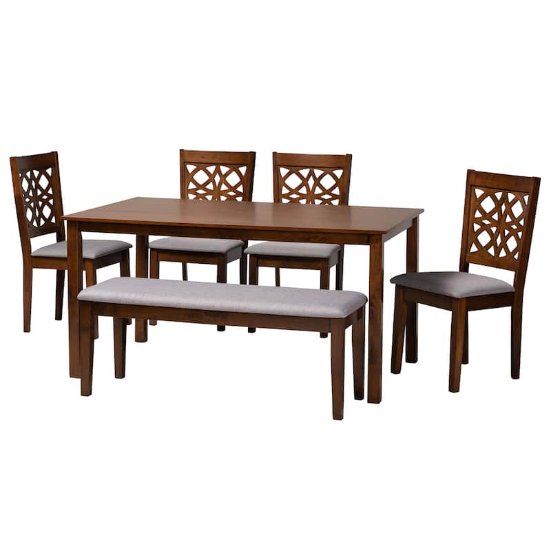Abigail Modern styled Fabric and Wood Dining Set - Grey, Walnut Brown - 6-Piece(bench included)