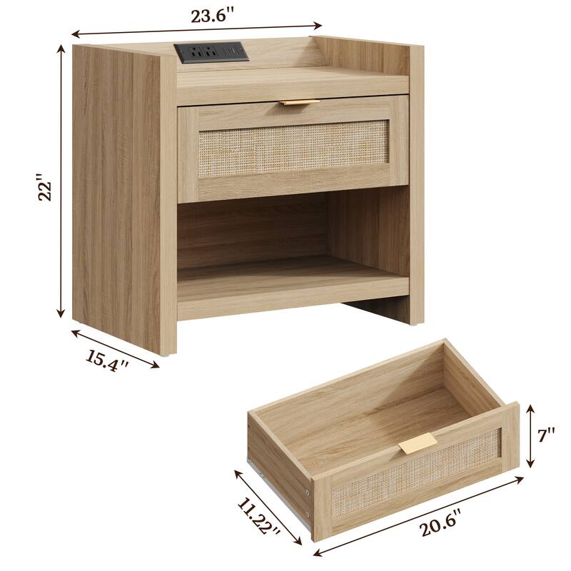 Farmhouse Nightstand with Charging Station and Drawers