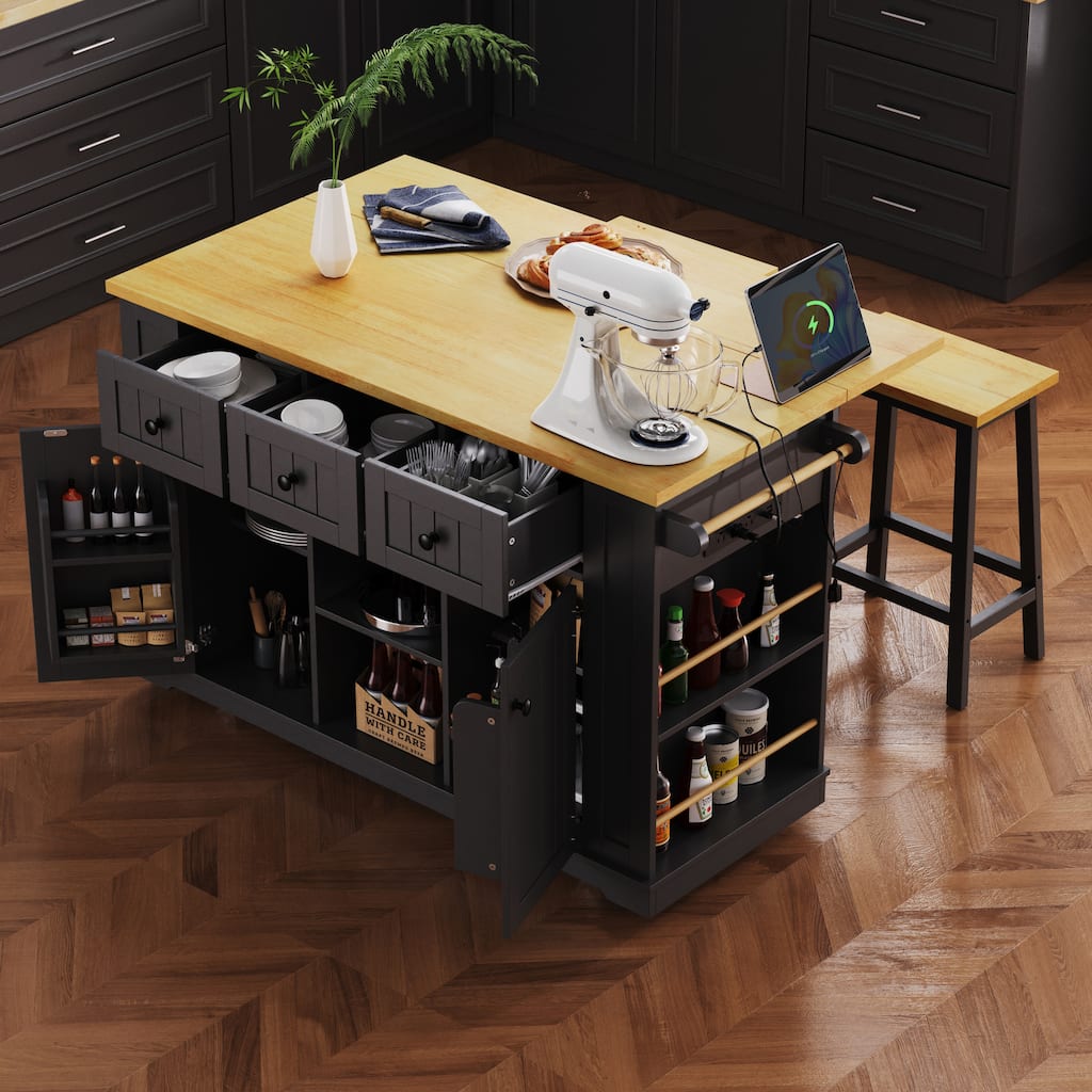 3-Piece Kitchen Island Set with 2 Stools & Drop Leaf, Rolling Kitchen Cart with Power Outlet & 3 Drawers