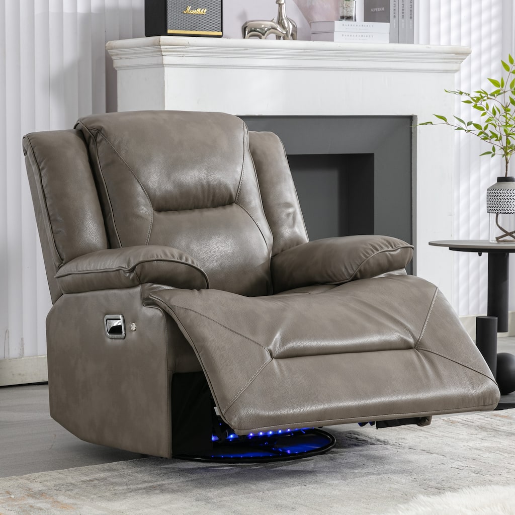 Modern 360° Swivel Rocking Manual Recliner Chair, Home Theater Recliner with LED Light Strip, Manual Reclining Single Sofa