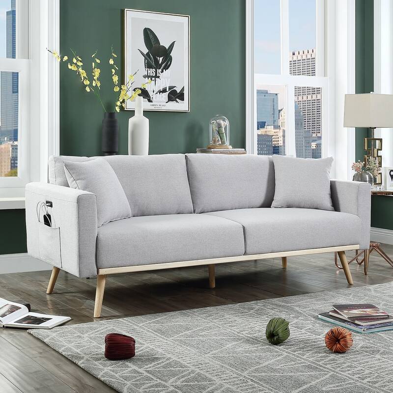 Linen Fabric Sofa with USB Charging Ports and 2 Pillows in Dark Gray