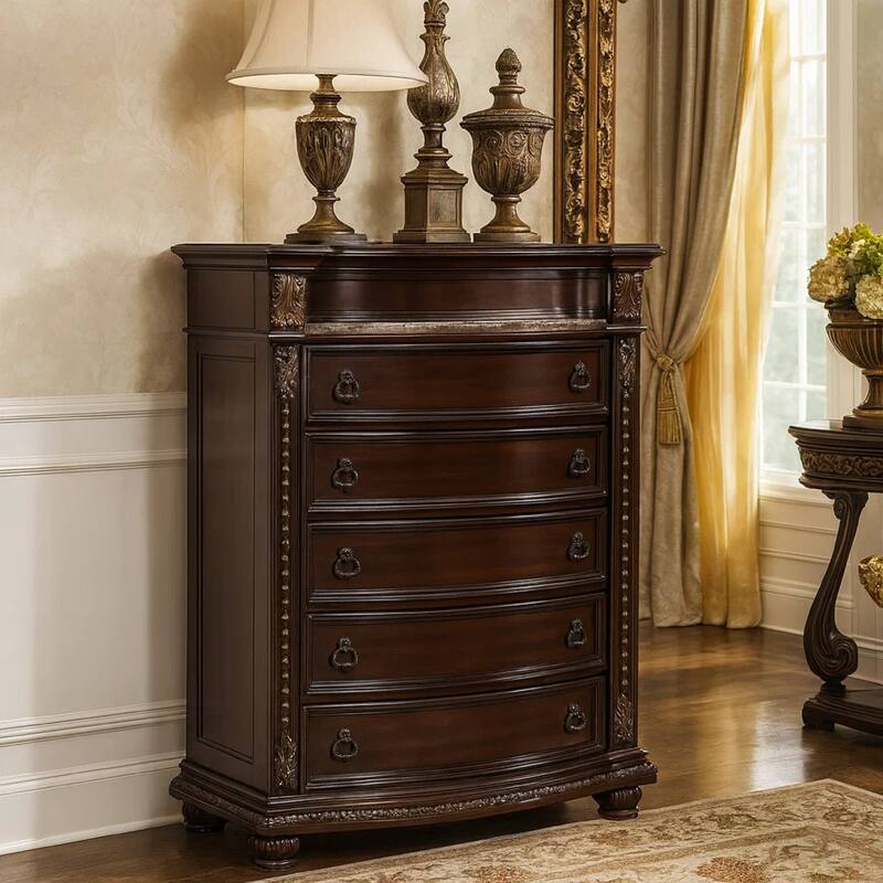 5 Drawers Wooden Chest with Engraved Details and Bun Feet, Cherry Brown