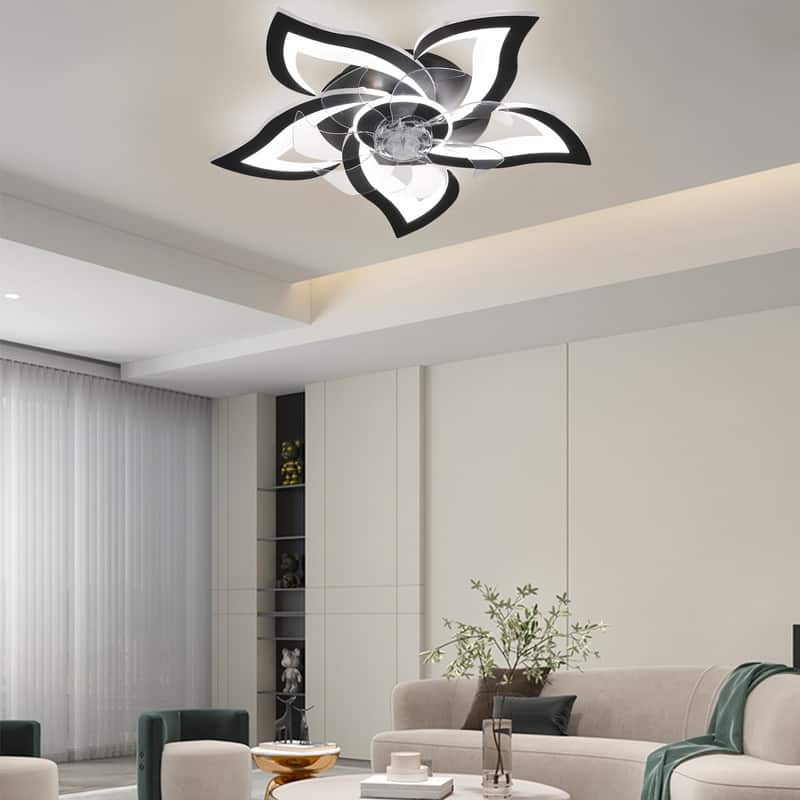 Dimmable 7 Blade Modern Ceiling Fan with Lights and Remote, 6 Speed Reversible Blades with Timing - Black - Black 5-Petal