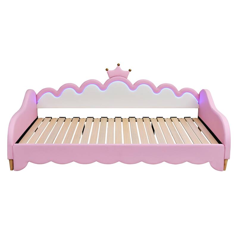 Twin Size Extending Daybed with LED Lights, Modern Upholstered Kids Princess Bed Frame With Crown Decor