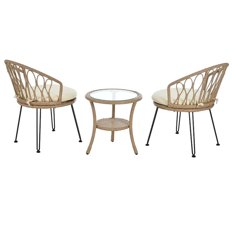 Outdoor Rattan Chairs with Glass Round Table for Patios (Set of 3)