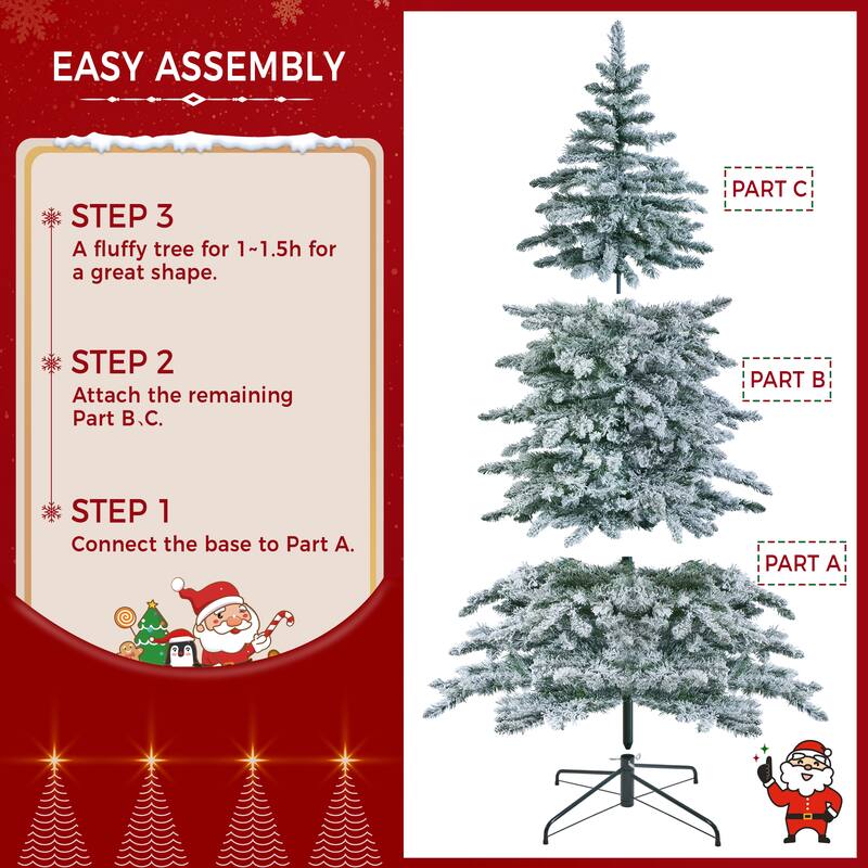 Yaheetech 6ft/7.5ft Pre-lit Snow Flocked Christmas Tree with 400 Warm LED Lights & 940 Tips, Green