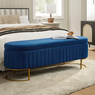 Sara Mid-Century Modern Upholstered Storage Bench Internal Grid With Metal Legs by HULALA HOME