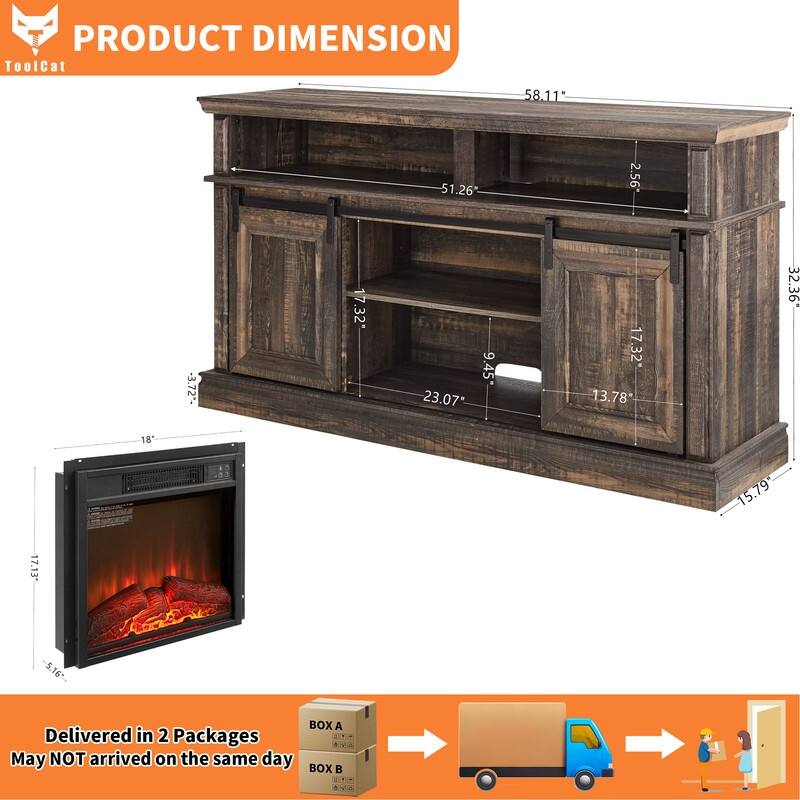58-60" Fireplace TV Stand for 55-65" TVs w/ 18-23" Insert Farmhouse/Modern/Rustic Barn/Glass Doors Espresso/Grey/Brown/White Oak