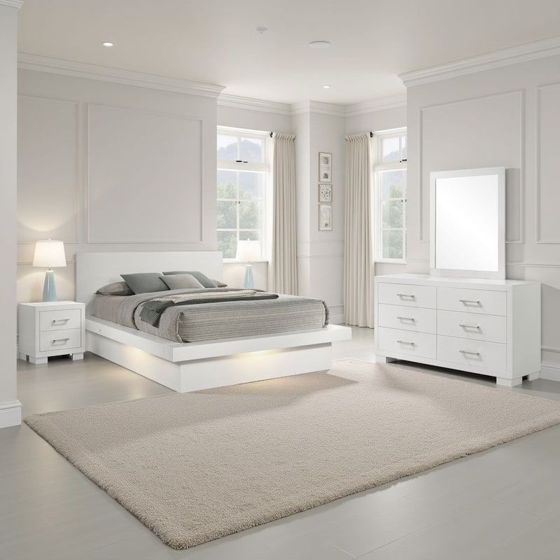 Bela 4 Piece Queen Bedroom Set, LED Lit Bedframe, Snow White Wood