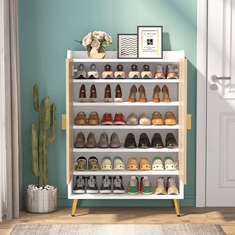 29" White & Natural Wooden Shoe Cabinet, 7-Tier