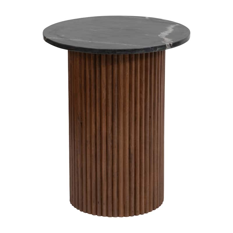 Sagebrook Home Mango Wood & Marble Accent Table with Reeded Base, MDF Support, and Contemporary Cylinder Design