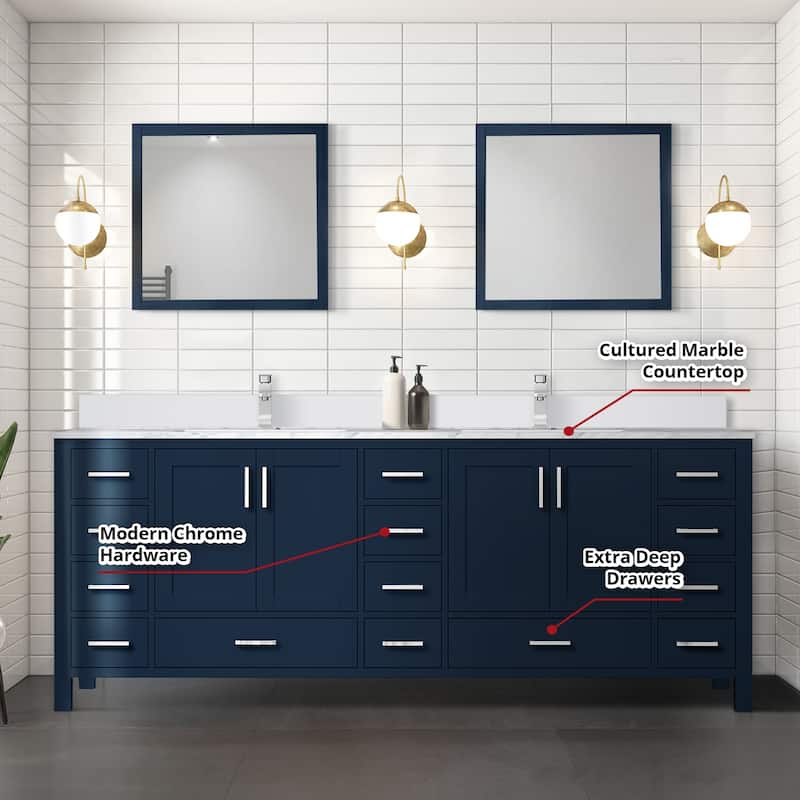 Jacques 84 in. W x 22 in. D White Bath Vanity, Cultured Marble Top, and 34 in. Mirror
