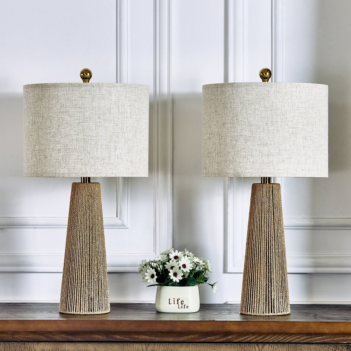 Maxax 25.8 in. Brown boho Metal Fabric For Bedroom/Living Room Bedside Desk Nightstand Hardware Paper Rope Table Lamp (Set of 2)