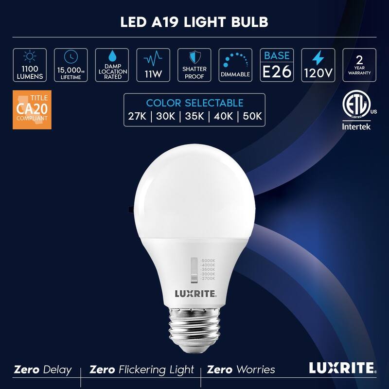 Luxrite A19 LED Light Bulb Dimmable 11W=75W CRI90 5CCT 1100 Lumens E26 Base Title CA20 ETL 48 Pack