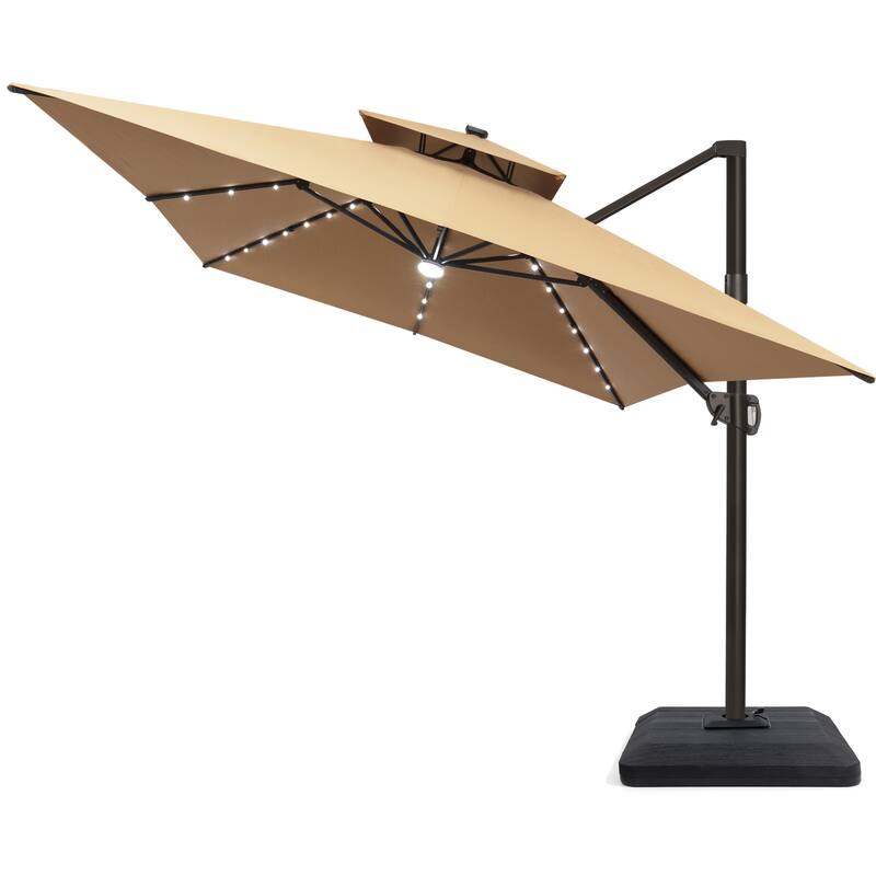 10 X 13 FT Outdoor Patio Cantilever Umbrella with Solar Lights 4-Piece Premium Base Double Canopy 360 Rotation Tilt