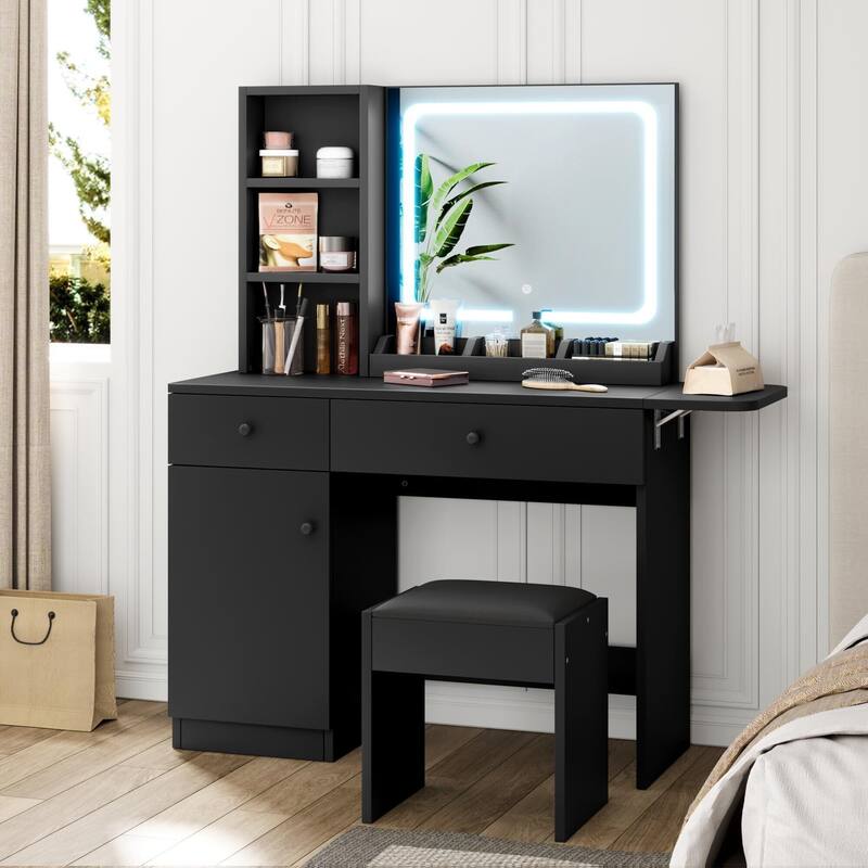 Makeup Vanity with Mirror and LED Light - Black