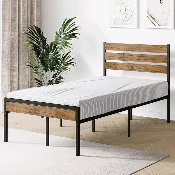 Bed Frame with Wood Headboard and Metal Slats Support Bed Bath
