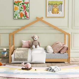 Twin Size House Bed with Roof Design, Pine Wood Frame, Easy Assembly, Natural