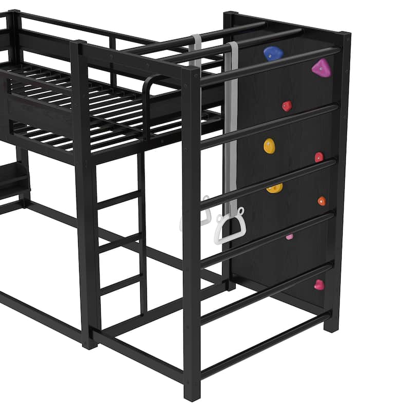 Metal Loft Bed with Basketball Hoop, Pull-up Rings, Climbing Wall and Built-in Bookshelves, Heavy Duty Metal Loftbed Frame