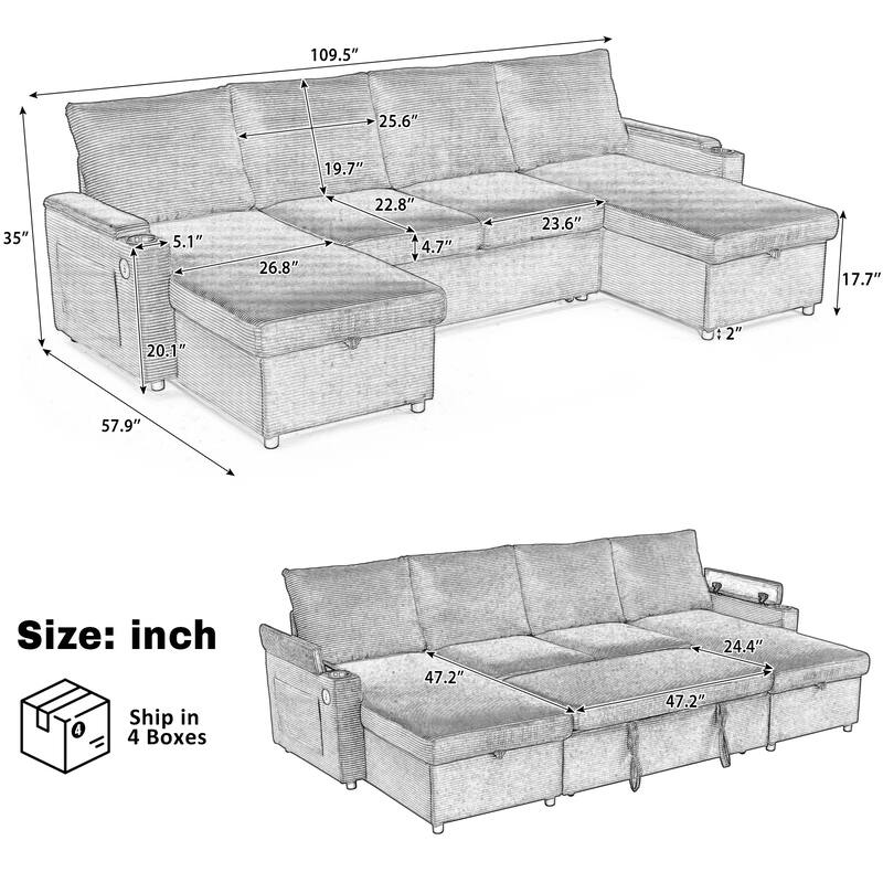 Roomfitters Convertible Sofa Bed 109.5" U-Shaped Sectional Upholstered Sofa with Storage Chaise, Cup Holders and USB Ports