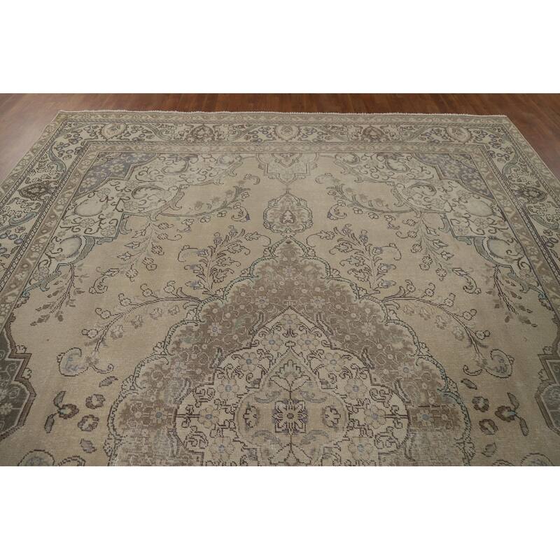 Distressed Tabriz Vintage Persian Rug Hand-Knotted Beige Wool Carpet - 9'6" x 12'8"