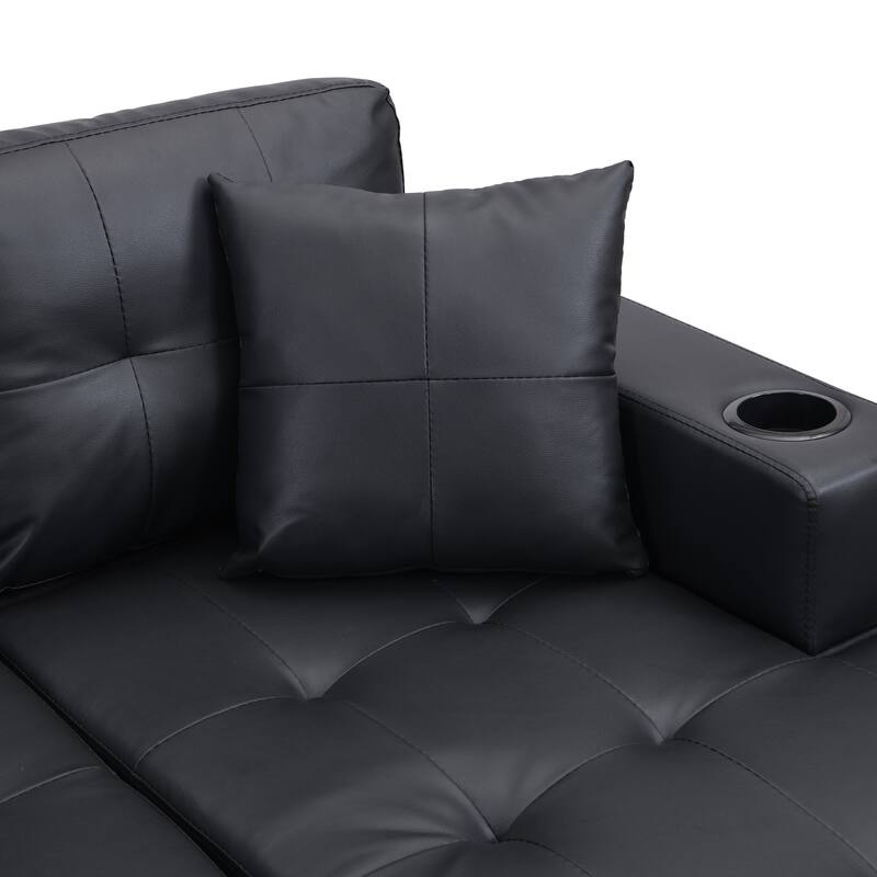 Leather Sectional Sofa L Shape Chaise Lounge with Cupholder & Ottoman