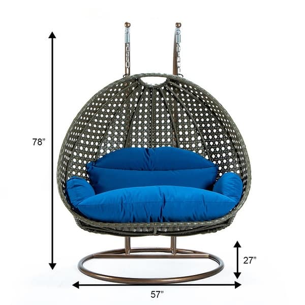 dimension image slide 2 of 16, LeisureMod Modern 2-Person Egg Hanging Swing Chair with Beige Wicker, Oxford Fabric Cover, Patio Hammock Lounger and Cushions