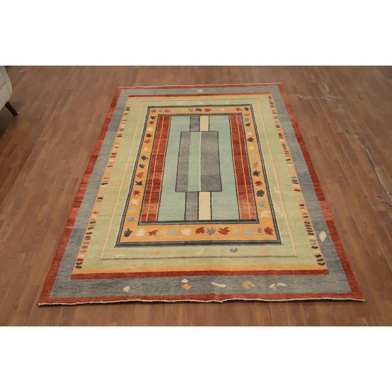 Hand Knotted Oriental 100% Wool Carpet Modern Geometric Multi-Colored Gabbeh Area Rug - 8' 10'' X 6' 0''