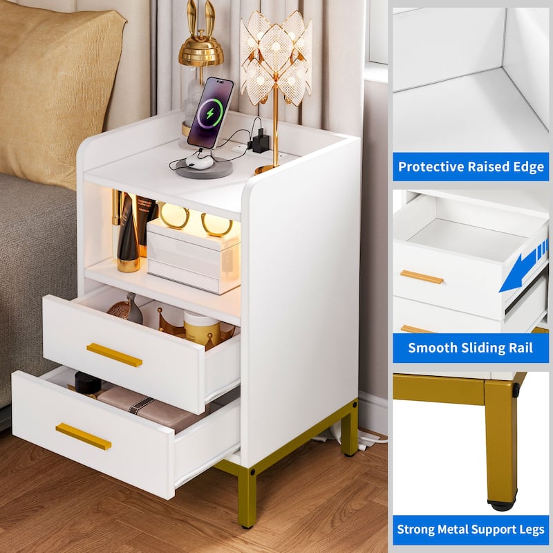 Moasis Modern LED Nightstand Set of 2 with Drawer and Storage Shelf, Bedside Table with Charging Station