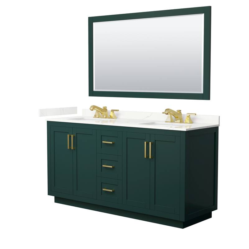 Miranda 66-inch Double Vanity, Quartz Top, 58-inch Mirror - Green, Gold Trim, Giotto Quartz Top